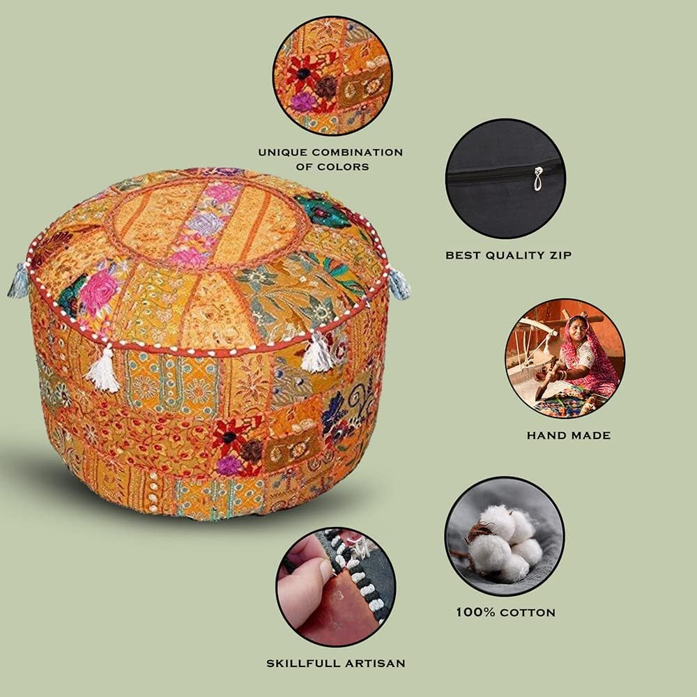 Indian Pouf Footstool Ethnic Embroidered Pouf Cover, Indian Cotton round Pouffe Ottoman Pouf Cover Pillow Ethnic Decor Art - Cover Only (Orange, 22X14)