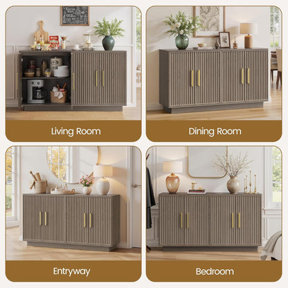 55" Modern Fluted Sideboard Buffet Cabinet, Space-Saving Storage Credenza for Home Coffee Bar, 4-Door Accent Furniture with Adjustable Shelves for Clutter-Free Living (Brown Gray)