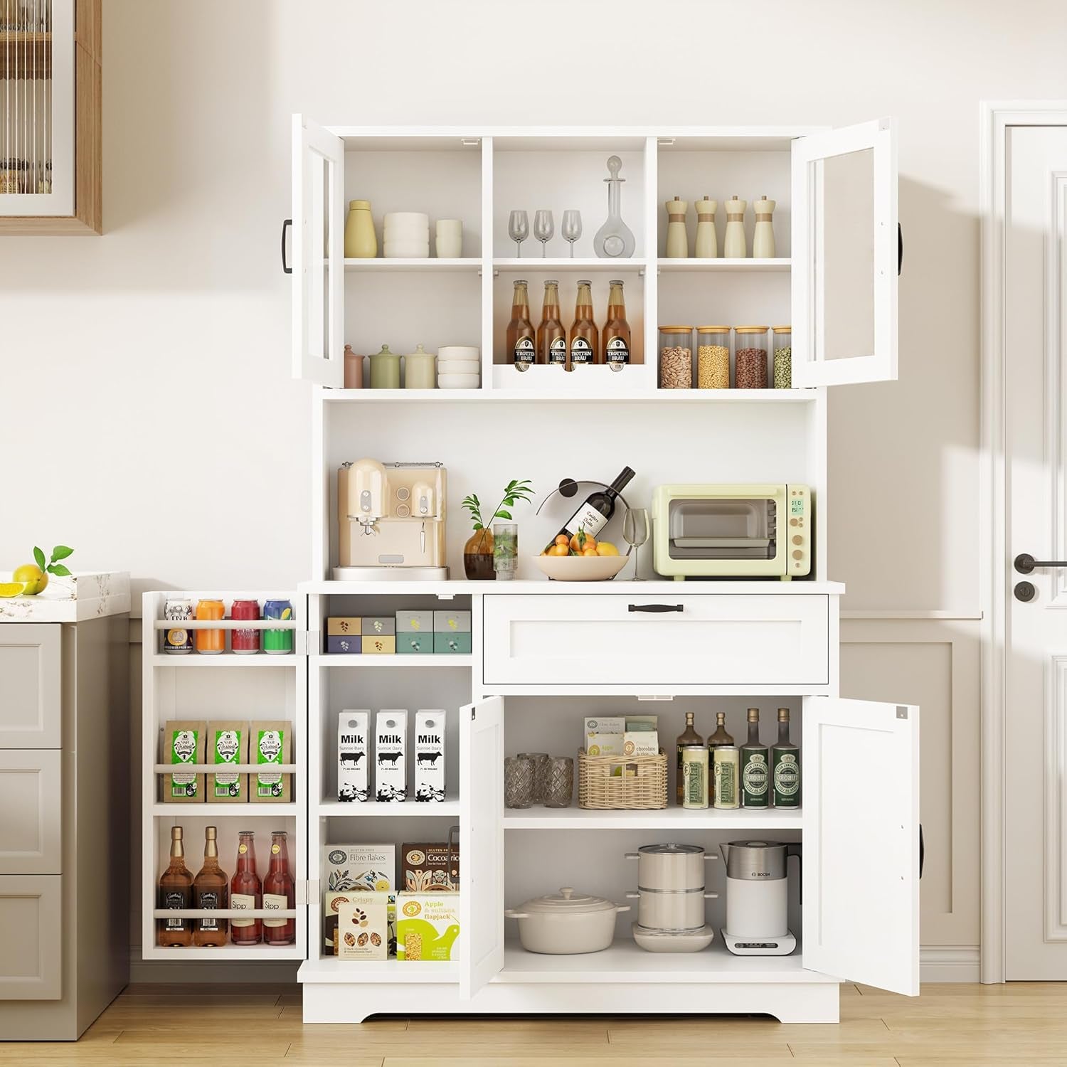 Kitchen Pantry Storage Cabinet, Freestanding Buffet Cabinet with Microwave Stand & 4 Door Shelves, Kitchen Hutch with Doors, Adjustable Shelves and Wine Rack, White
