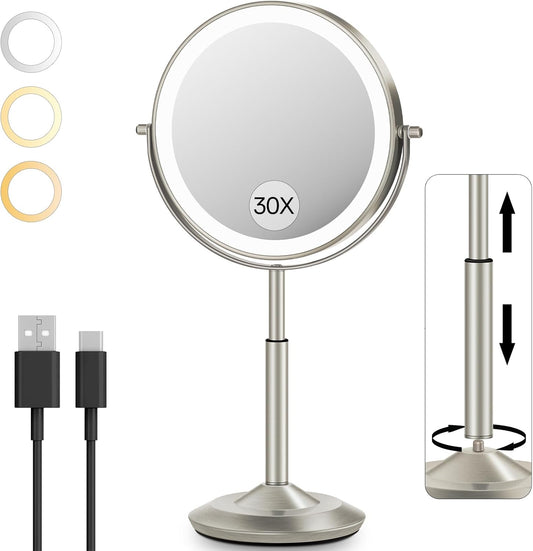 30X/1X Makeup Mirror with Lights, Height Adjustable Lighted Magnifying Vanity Mirror with 3 Lighting and Adjustable Brightness, 3000Mah Rechargeable Double Sided Switch for Desk Women Gift