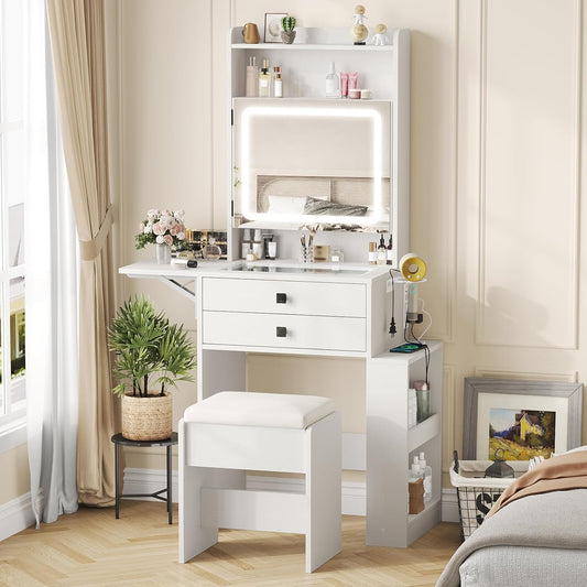 Small Makeup Vanity Desk with 3 Adjustable Lighted Mirror, White Vanity Set with Fold-Up Panel and Charging Station, Glass Top Dressing Table with Drawers and Chair, 2 Hidden Storage Shelves