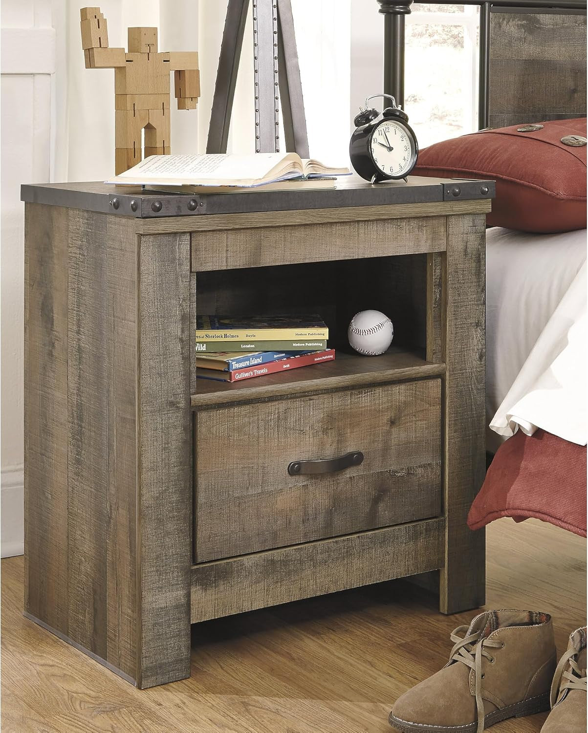Signature Design by Ashley Trinell Rustic 1 Drawer Nightstand, USB Charing, Storage Cubby, Nailhead Accents, Wood, 24.72" W X 16.18" D X 26.22" H, Warm Brown