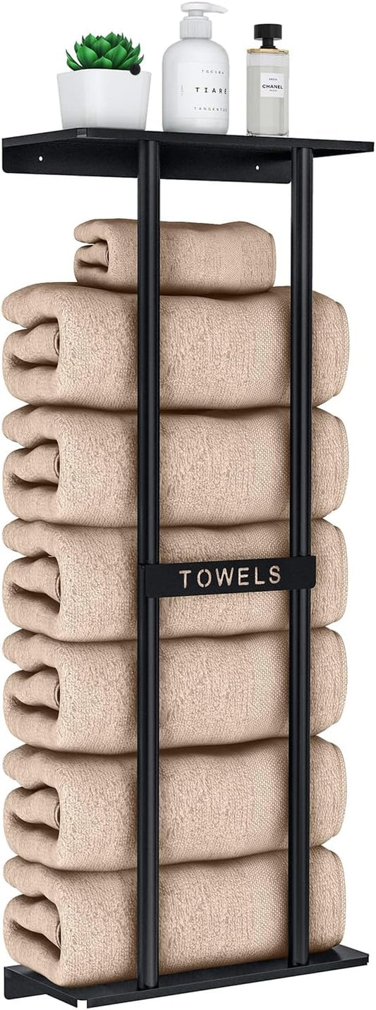 Towel Racks for Bathroom, Bathroom Towel Storage Wall Mounted 30 Inch with Shelf Can Holds 6 Large Towels, Wall Towel Rack for Rolled Towels, Black