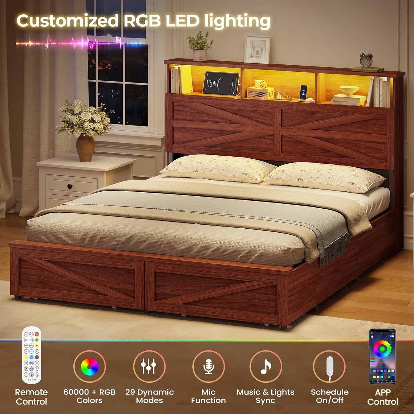 Queen Bed Frame with 6 Drawers, Farmhouse Bed Frame with Barn Door Headboard and Storage, Wood Platform Bed Frame Queen Size with Charging Station and LED Lights, No Box Spring Needed, Brown