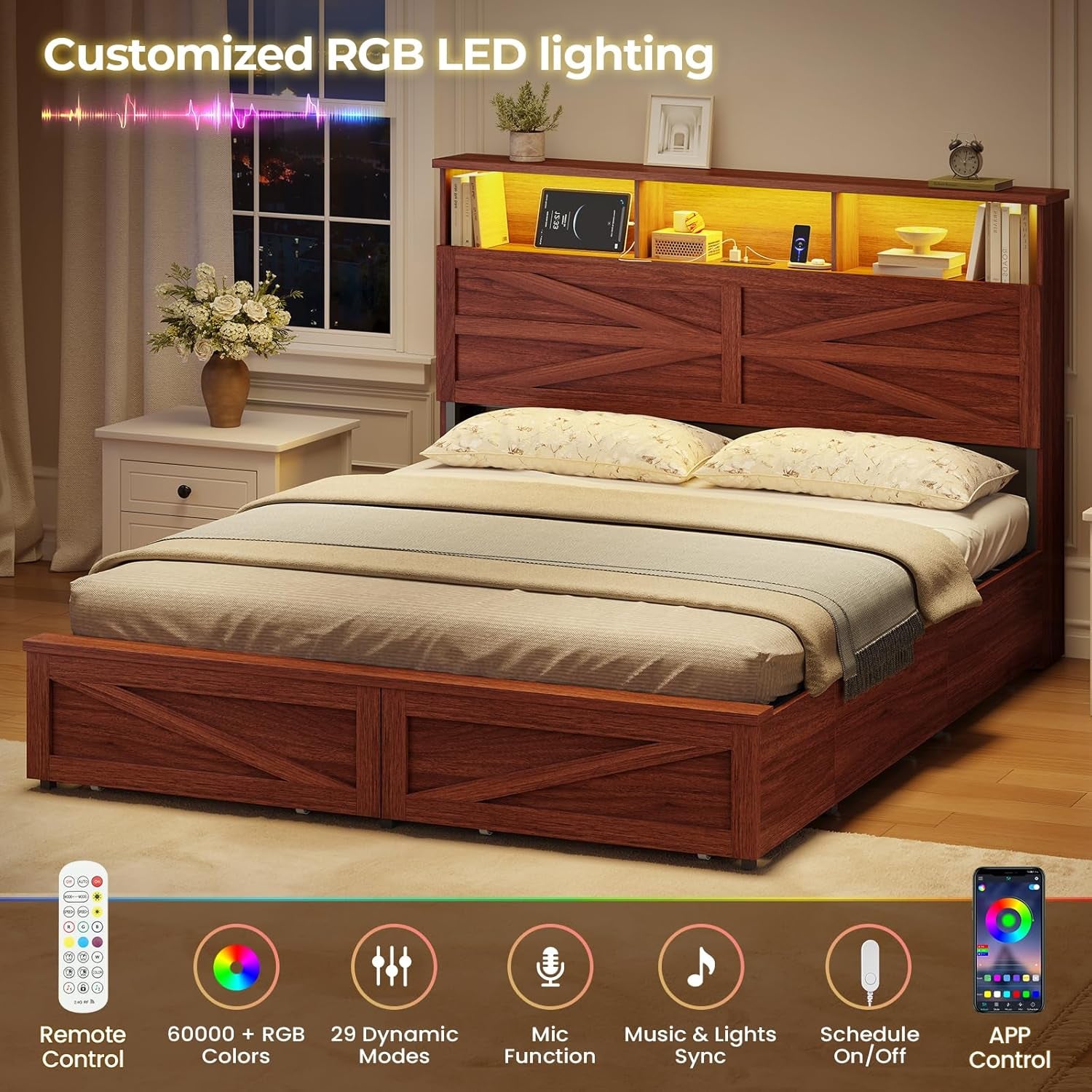 Queen Bed Frame with 6 Drawers, Farmhouse Bed Frame with Barn Door Headboard and Storage, Wood Platform Bed Frame Queen Size with Charging Station and LED Lights, No Box Spring Needed, Brown