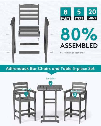 Balcony Adirondack Chairs and Table 3 Pieces Set, Adirondack Bar Height Chairs Set of 2 and Bar Table, Outdoor Bar Stools Set, Gray