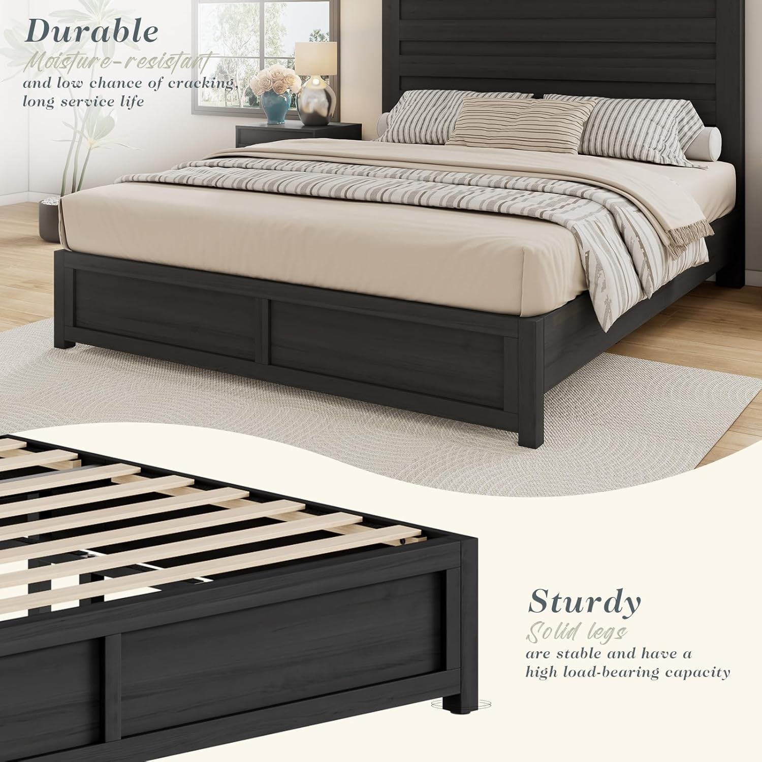 3-Piece Bedroom Set, Including Farmhouse Queen Size Bed Frame with Flutted Headboard, Nightstands Set of 2 with Charging Station, Black