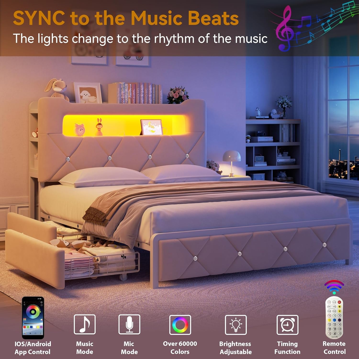 Full Upholstered LED Bed Frame with 2 Storage Drawers and 2-Tier Storage Headboard, Velvet Princess Platform Bed with Charging Station & Bookcase, Corner Bed Frame, Heavy Duty Metal Support, Beige