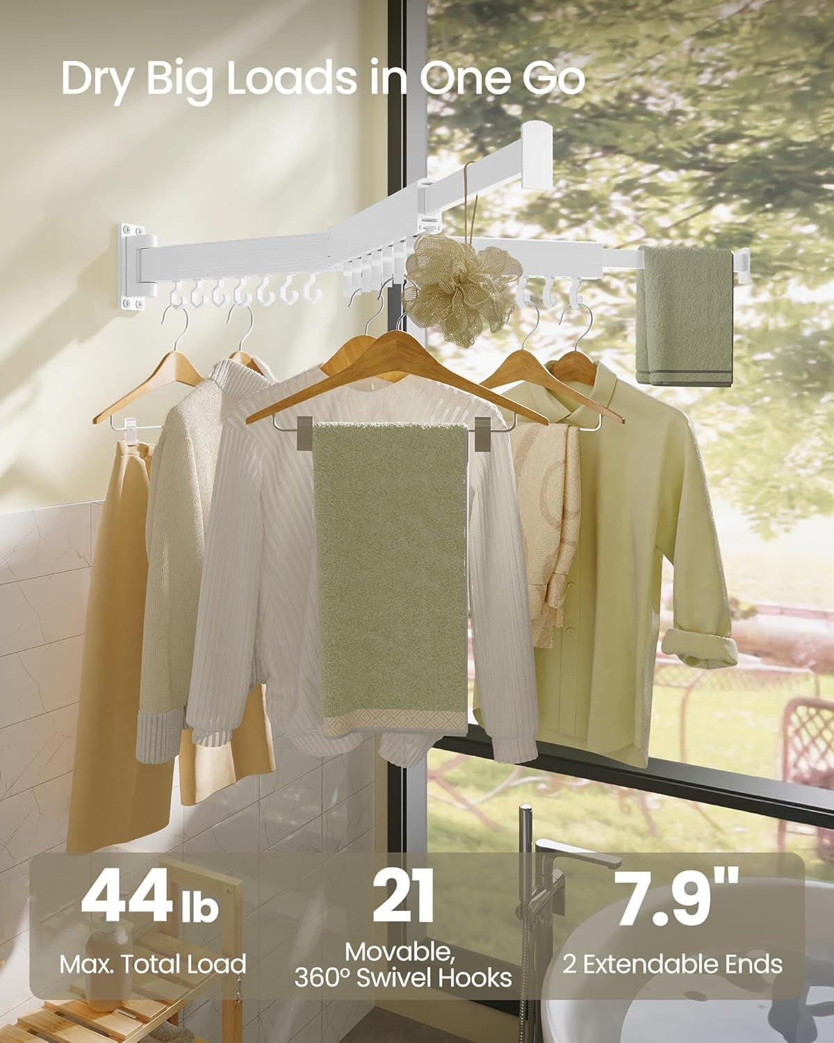 Clothes Drying Rack, Wall-Mounted Laundry Drying Rack, Extendable, Foldable Arms, with 21 Swivel Sliding Hooks, Space-Saving, for Laundry Room, Bathroom, Cloud White ULLR807W01
