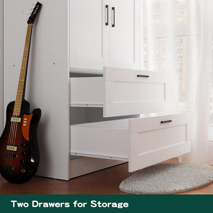 Wood White Wardrobe Closet with 2 Doors and 2 Drawers，Bedroom Freestanding Armoire Storage Cabinet with Shelves，Wooden Wardrobe Combination for Hanging Clothes (White 2 Drawers)
