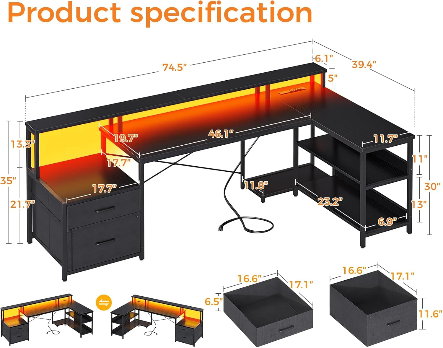 L Shaped Desk with File Drawer, 75" Reversible L Shaped Computer Desk with Power Outlet & LED Strip, Office Desk with Storage Shelves, Gaming Desk with Monitor Shelf, Corner Desk, Black