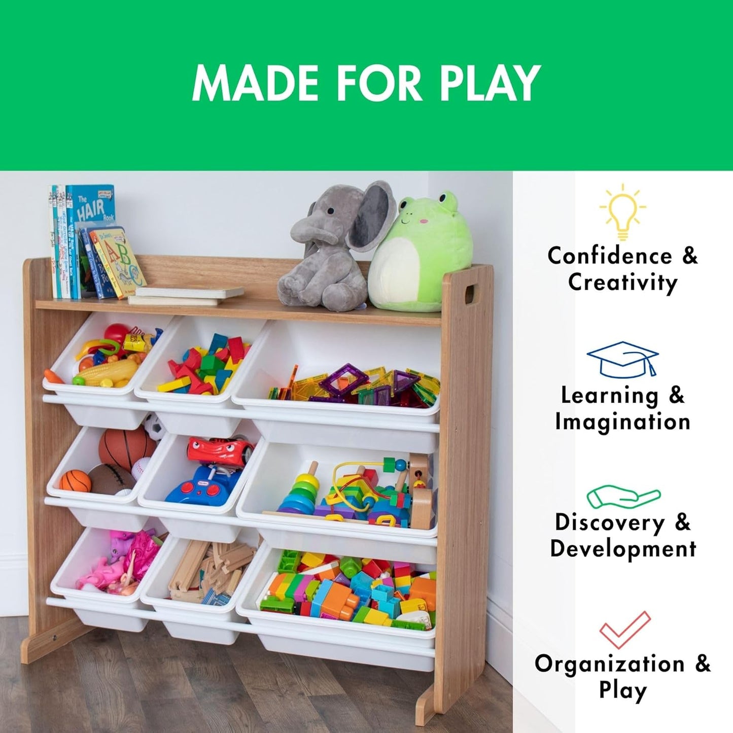 Toy Storage Organizer with Top Shelf and 9 Removable Bins, Natural/White – Toddler Bookshelf with Toy Organizer - Modern Toy Rack Ideal for Kids' Rooms, Playrooms, and Nurseries