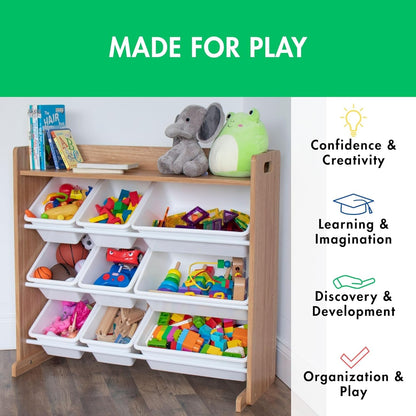 Toy Storage Organizer with Top Shelf and 9 Removable Bins, Natural/White – Toddler Bookshelf with Toy Organizer - Modern Toy Rack Ideal for Kids' Rooms, Playrooms, and Nurseries