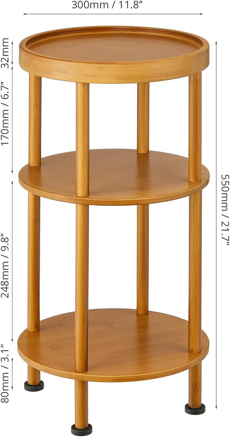 Bamboo Side Table, 3-Tier round End Table with Tray Top, Bathroom Storage Shelf & Plant Stand Indoor, Small Bedside Table Nightstand for Living Room, Bedroom-Brown