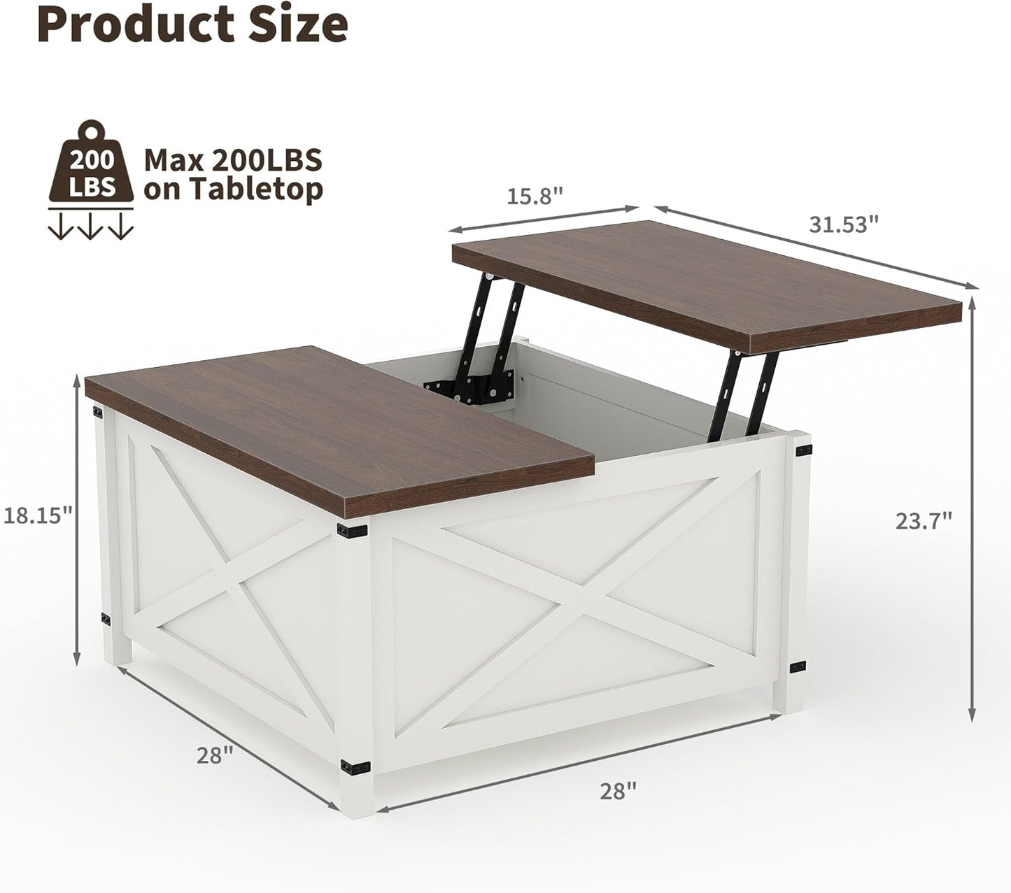 Hydraulic Lift Top Coffee Table with Hidden Storage, Farmhouse Industrial Style Accent Table, Sturdy Wood & Metal Construction, Safe Lift Mechanism, for Living Room Office