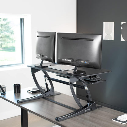 36 Inch Height Adjustable Stand up Desk Converter, V Series, Quick Sit to Stand Tabletop Dual Monitor Riser Workstation, Black, DESK-V000V