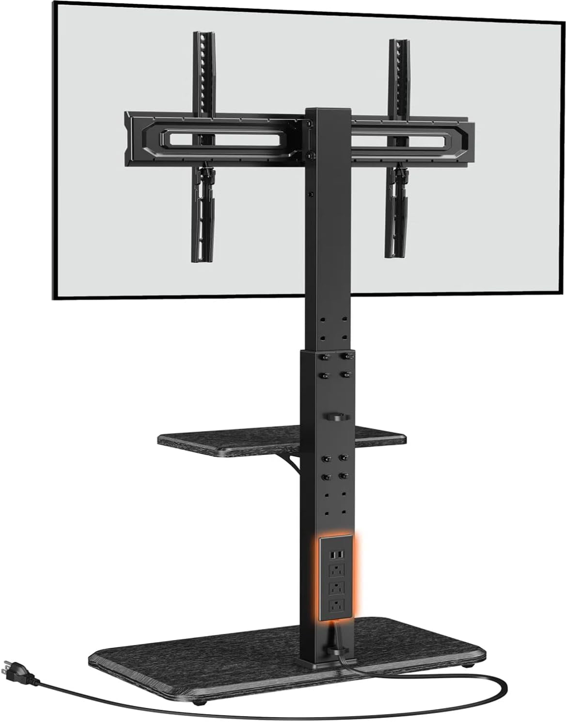 Floor TV Stand with Power Outlet, Universal TV Stand for 32-75 Inch Tvs up to 110 Lbs, Height Adjustable Standing TV Mount, Tall TV Mount with Wood Base, Max VESA 600X400Mm, PGFS06