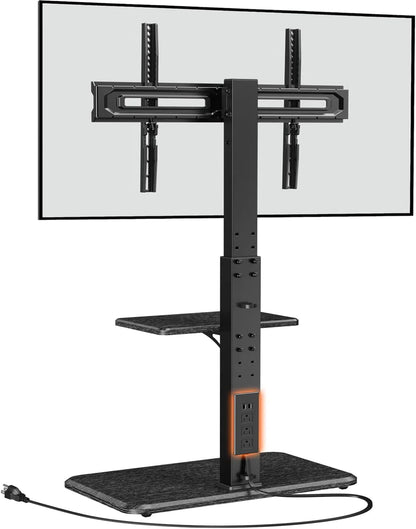 Floor TV Stand with Power Outlet, Universal TV Stand for 32-75 Inch Tvs up to 110 Lbs, Height Adjustable Standing TV Mount, Tall TV Mount with Wood Base, Max VESA 600X400Mm, PGFS06