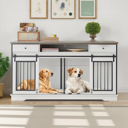 66" Double Dog Crate Furniture, Large Dog Kennel Furniture TV Stand for 2 Dogs, Furniture Style Dog Crates End Table, Wood Crates for Dogs White