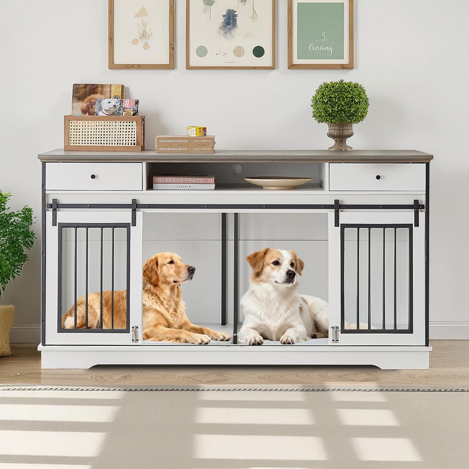 60.6" Double Dog Crate Furniture, Large Dog Kennel Furniture TV Stand for 2 Dogs, Furniture Style Dog Crates End Table, Wood Crates for Dogs White