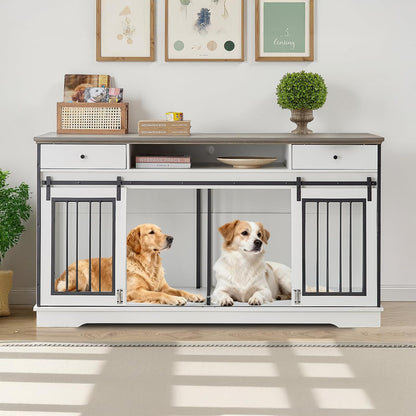 75" Double Dog Crate Furniture for 2 Large Dogs, Heavy Duty Furniture Style Dog Kennel End Table, Wood Crates for Dogs Kennel Indoor Double Door, Brown