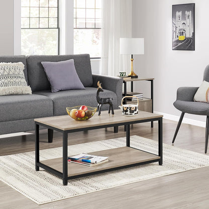 39.5" 2-Tier Coffee Table with Storage Shelve, Industrial Gray Coffee Table, Easy Assembly, Wooden Center Tables for Living Room & Small Space, Gray
