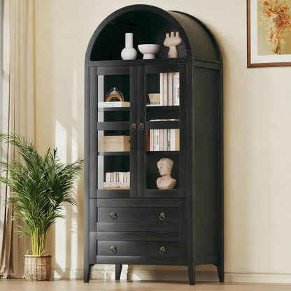 71" Tall Arched Kitchen Pantry, Arched Cabinet, Kitchen Storage Cabinets with 2 Large Drawers & Adjustable Shelves & Glass Door for Living Room, Dining Room, Black