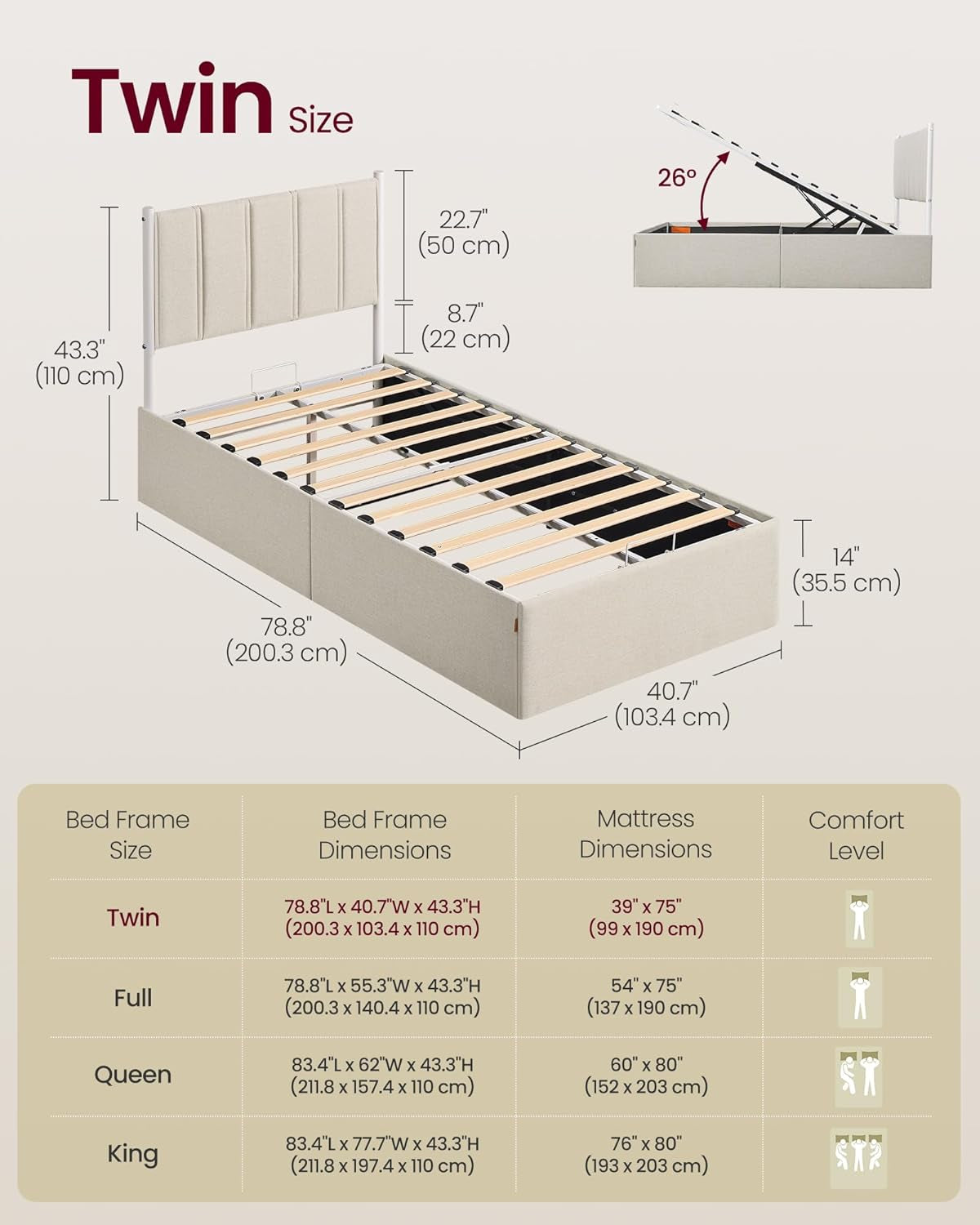 Lift up Storage Bed Frame Twin Size, Hydraulic Platform Bed, with Upholstered Headboard, 550 Lb Weight Capacity, No Box Spring Needed, Easy Assembly, Modern, Cappuccino Beige URMB603W01