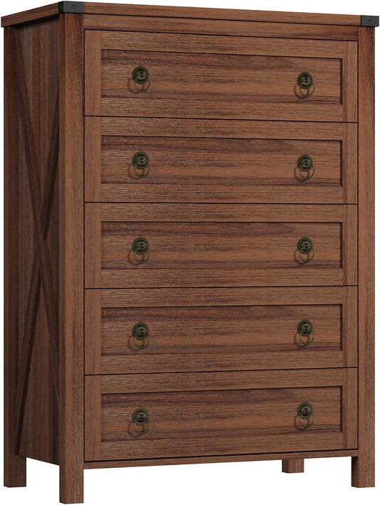 5 Drawer Dresser for Bedroom, 44.1" Tall Farmhouse Chest of Drawers, Dresser TV Stand with Metal Handle, Storage Organizer Closet for Living Room, Hallway, Walnut