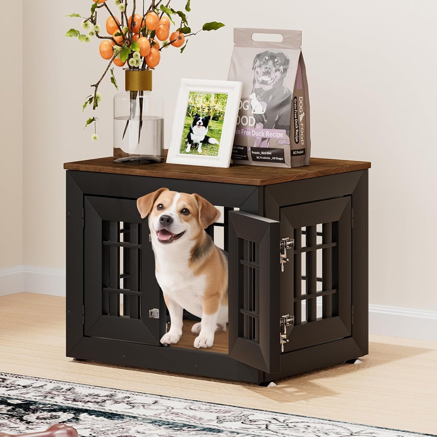 26" Heavy Duty Dog Crate Furniture for Small,Medium and Large Dogs,Rustic Wooden Dog Cage Kennel Indoor Furniture with Waterproof Top,Decorative Pet House Side End Table (Black & Wood)