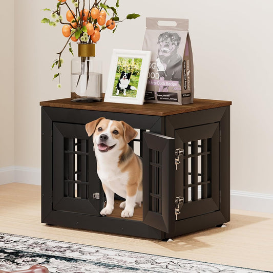 26" Heavy Duty Dog Crate Furniture for Small,Medium and Large Dogs,Rustic Wooden Dog Cage Kennel Indoor Furniture with Waterproof Top,Decorative Pet House Side End Table (Black & Wood)