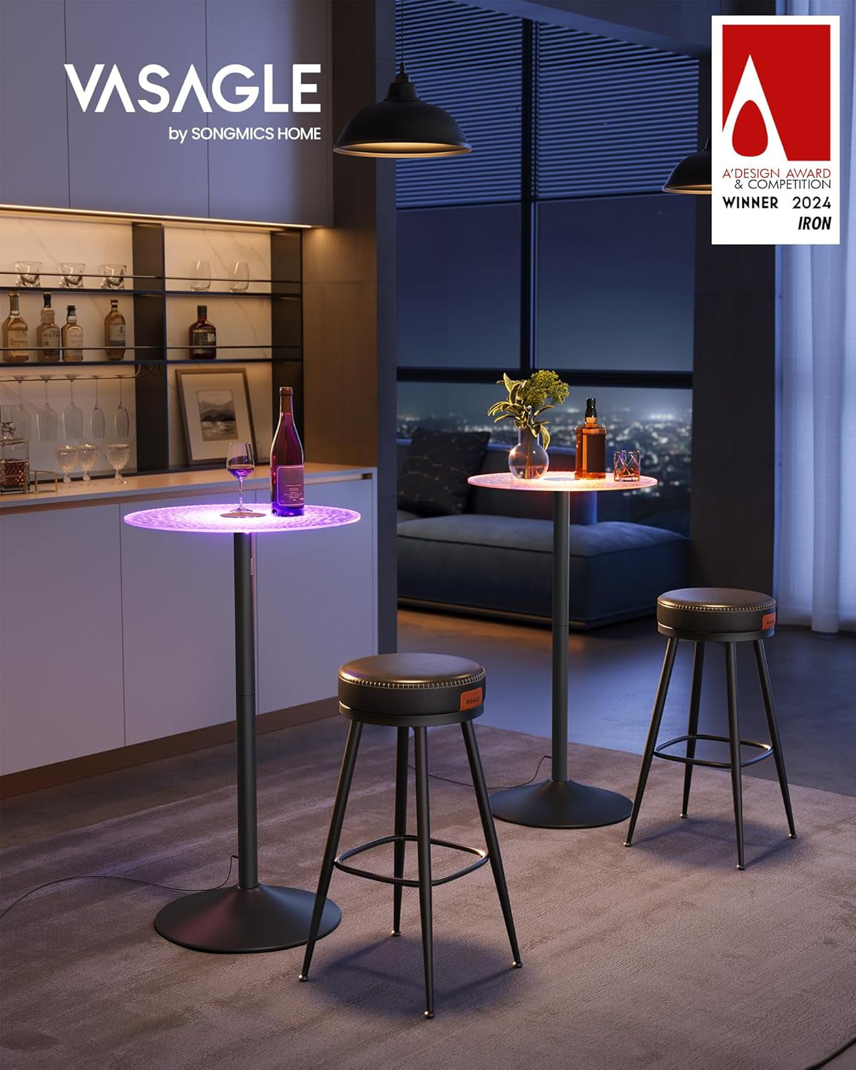 round Bar Table, 41.3 Inches Tall Cocktail Pub Table with Multi-Colored Lights and Glass Top, Large Steel Base, for Kitchen, Bistro, Parties, Cloud White and Ink Black