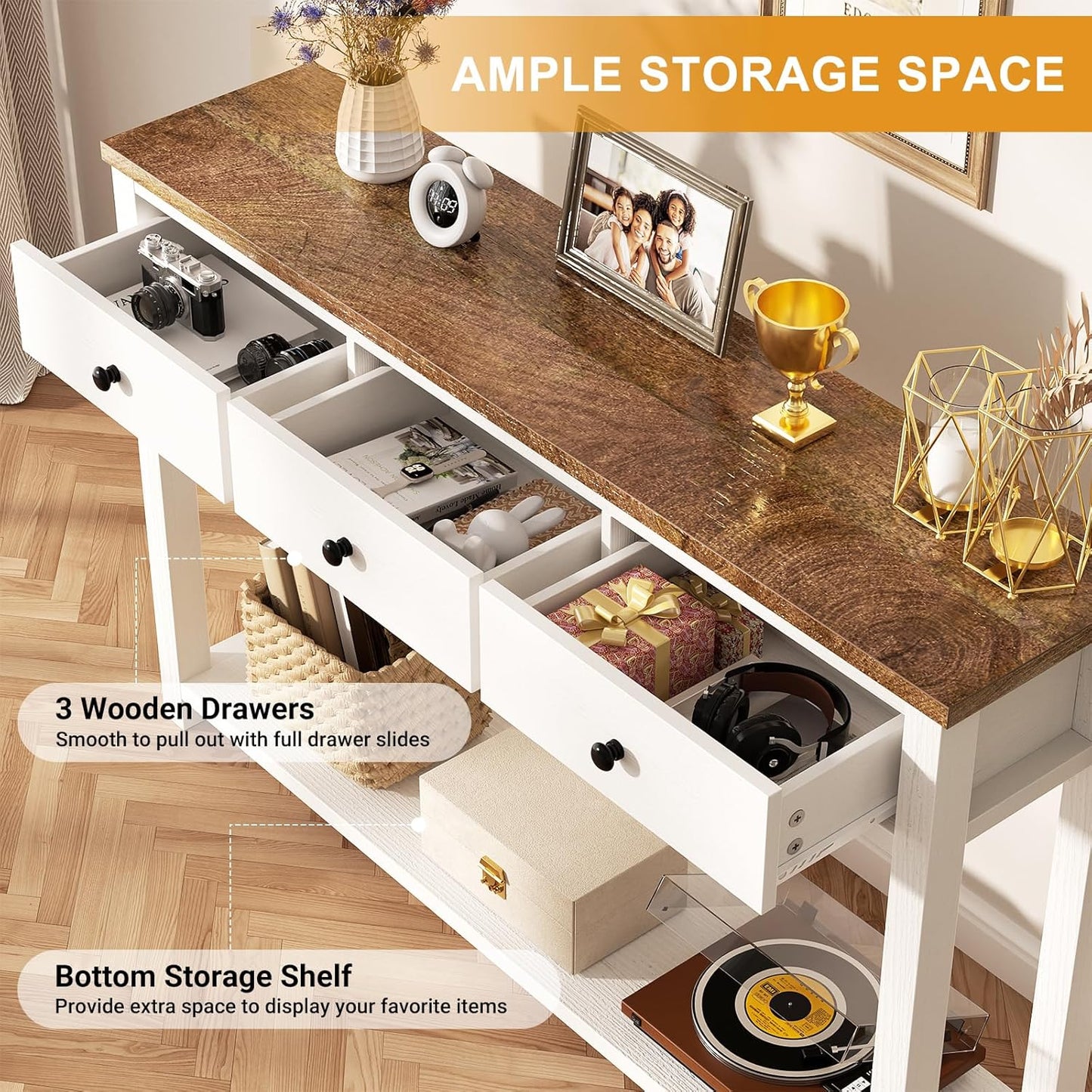 Farmhouse Console Table with 3 Drawers, 47 Inch Wood Sofa Table with Storage Shelf for Living Room, behind Couch, Entryway Table for Hallway, Living Room, or Foyer, Rustic Brown and White