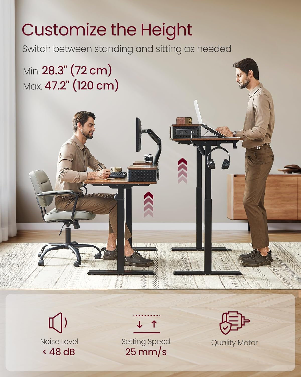 Electric Standing Desk with Drawers, 55.1 X 23.6 Inches, Sit Stand Desk with Power Outlet and LED Lights, Adjustable Height, Storage Shelf, 3 Memory Buttons, for Home Office, Rustic Brown