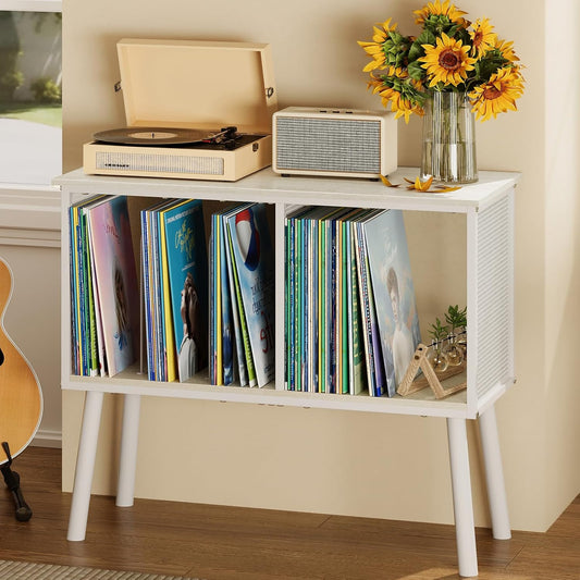 Record Player Stand, Large Vinyl Record Storage with Adjustable Divider, Holds up to 200 Albums, Multifunctional Vintage Turntable Stand for Living Room & Bedroom, Patent Pending