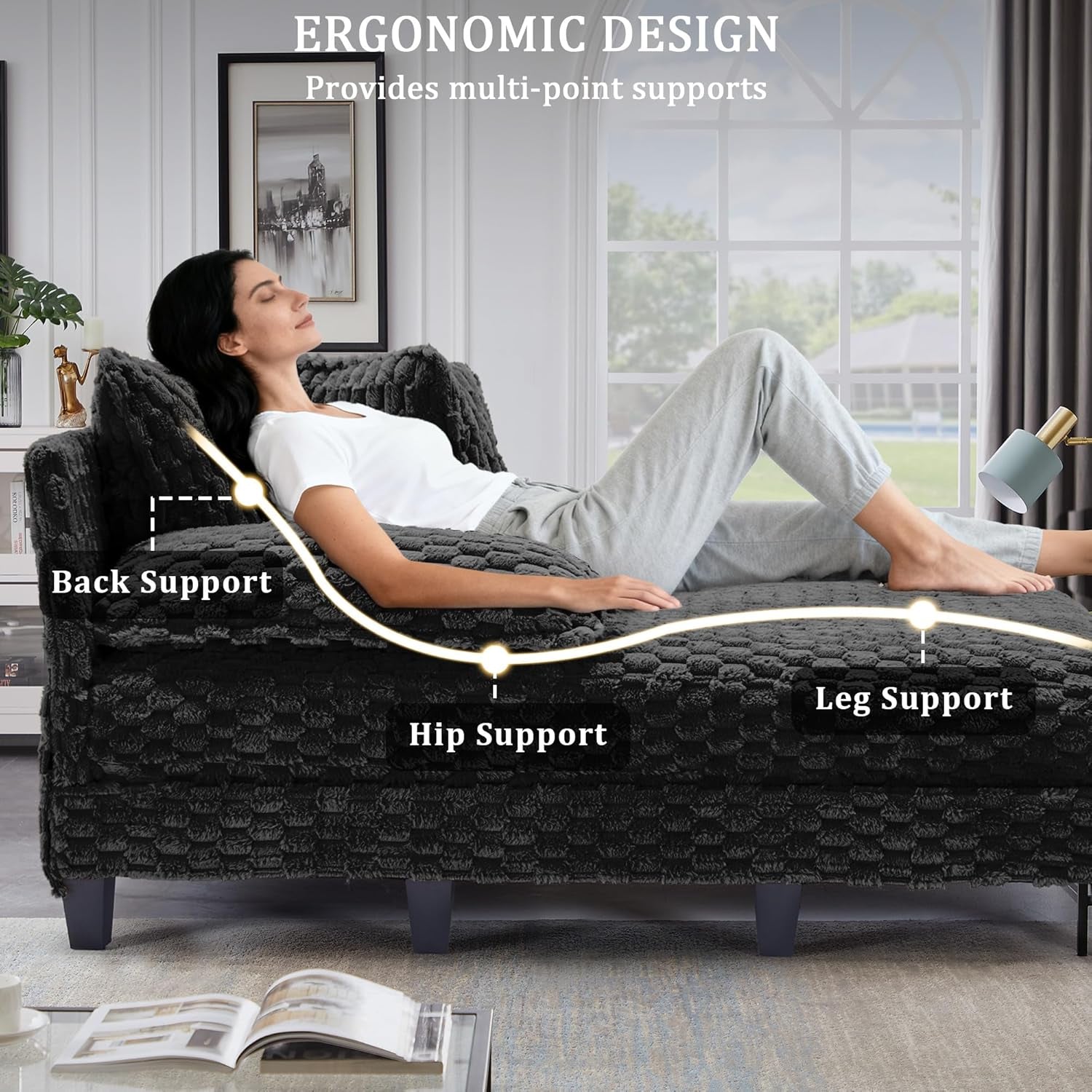 Faux Fur Chaise Lounge Indoor with Adjustable Backrest, 59 Inches Single Sleeper Sofa Chair with 3 Lumbar Pillows, Upholstered Oversized Lounge Chair for Living Room, Bedroom, Office