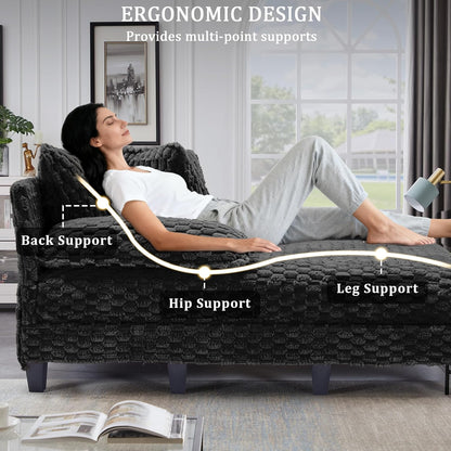 Faux Fur Chaise Lounge Indoor with Adjustable Backrest, 59 Inches Single Sleeper Sofa Chair with 3 Lumbar Pillows, Upholstered Oversized Lounge Chair for Living Room, Bedroom, Office