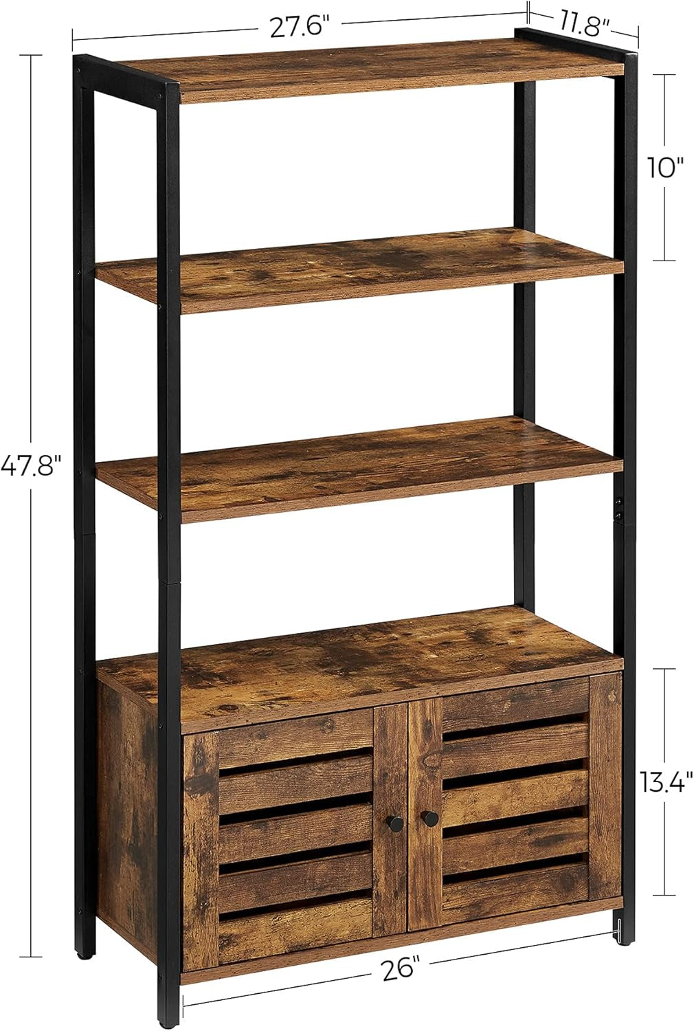 LOWELL Bookshelf, Storage Cabinet with 3 Shelves and 2 Louvered Doors, Industrial Bookcase in Living Room, Study, Bedroom, Multifunctional, Rustic Brown ULSC75BX