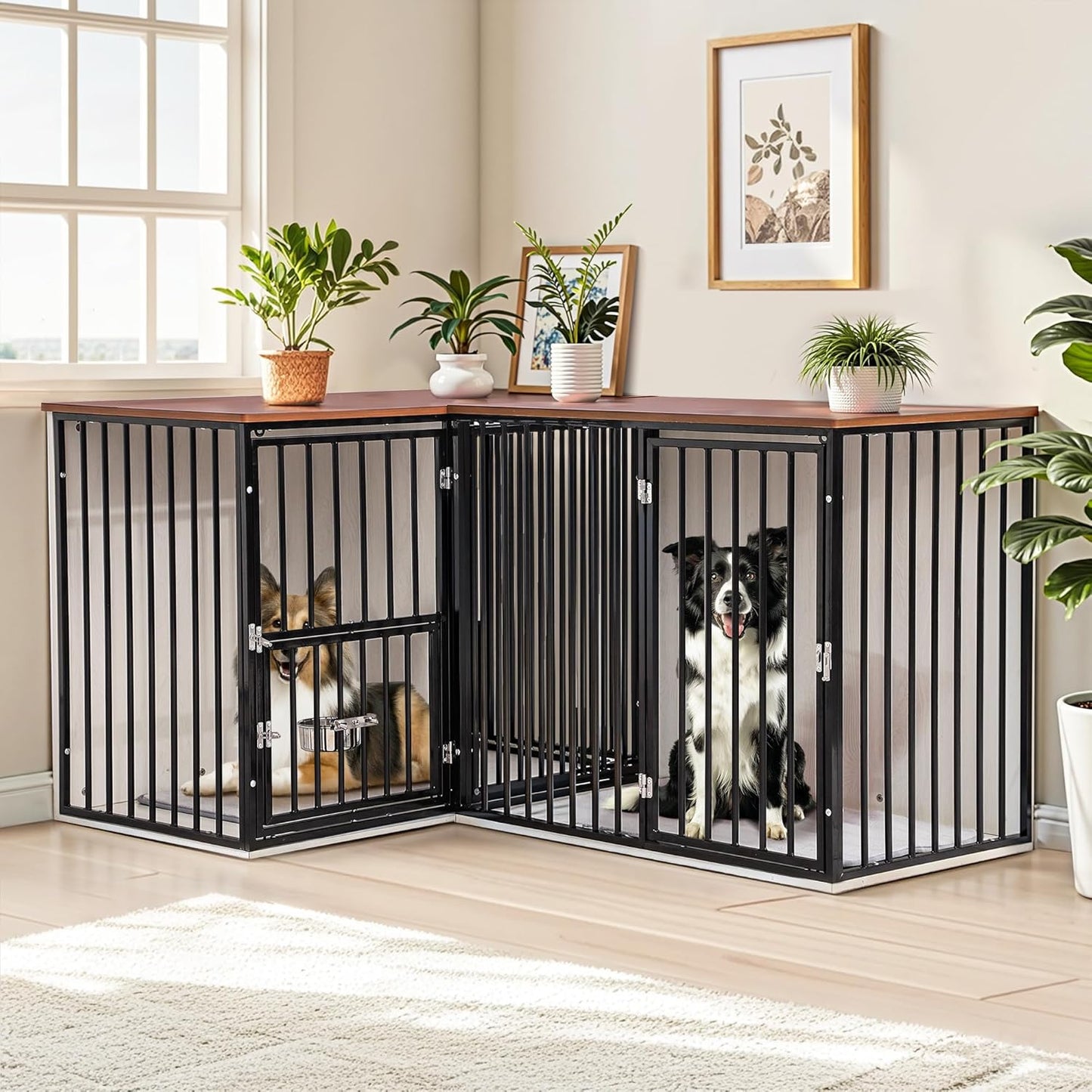 2 Dogs 60"-80" Double Crate Furniture for Large Medium Dogs, Heavy Duty Indoor Dog Kennel TV Stand with Dividers, Double-Room Indoor Dog House with Removable Trays (Black)