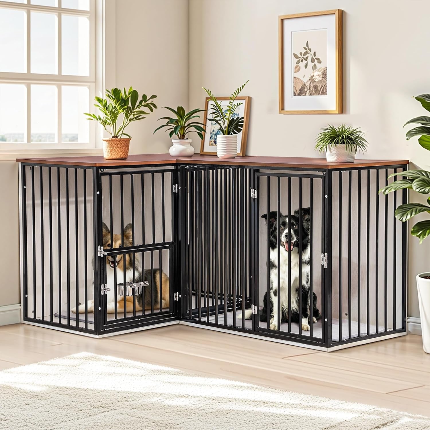 2 Dogs 60"-80" Double Crate Furniture for Large Medium Dogs, Heavy Duty Indoor Dog Kennel TV Stand with Dividers, Double-Room Indoor Dog House with Removable Trays (Black)