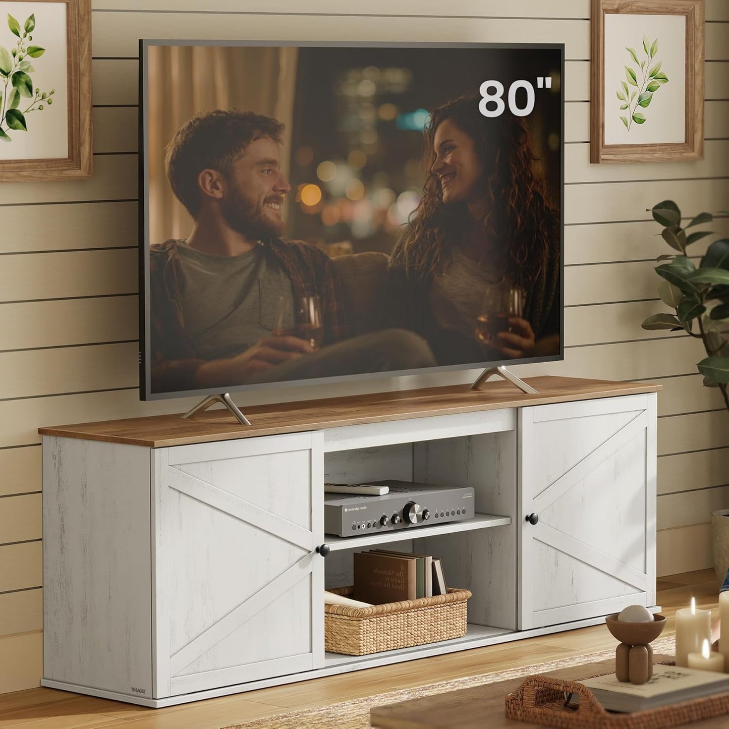 Farmhouse TV Stand for Tvs up to 80 Inches, Entertainment Center with Storage Cabinets and Sliding Barn Doors, Media Console Table for Living Room, Rustic White and Honey Brown ULTV537W01