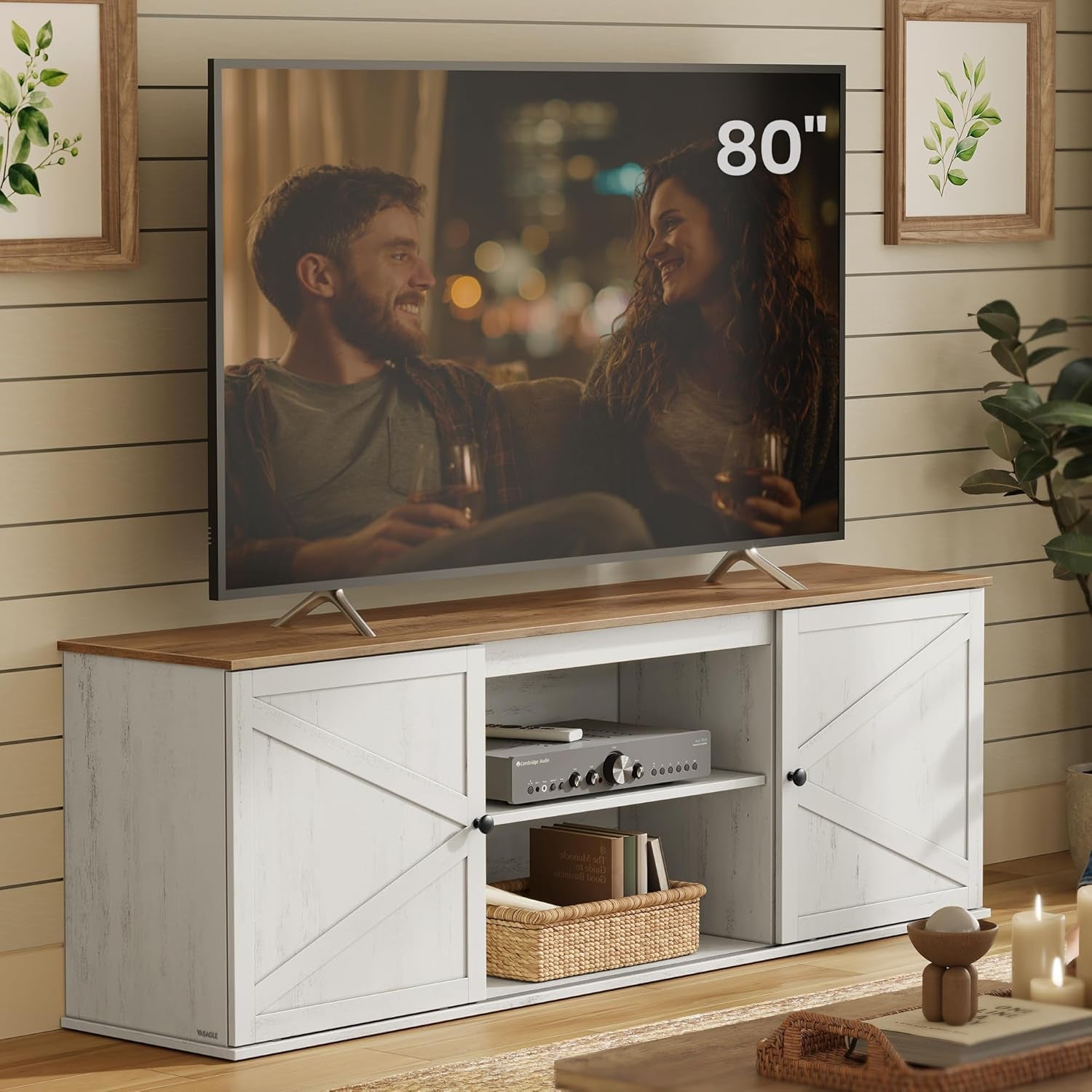 Farmhouse TV Stand for Tvs up to 80 Inches, Entertainment Center with Storage Cabinets and Sliding Barn Doors, Media Console Table for Living Room, Rustic White and Honey Brown ULTV537W01