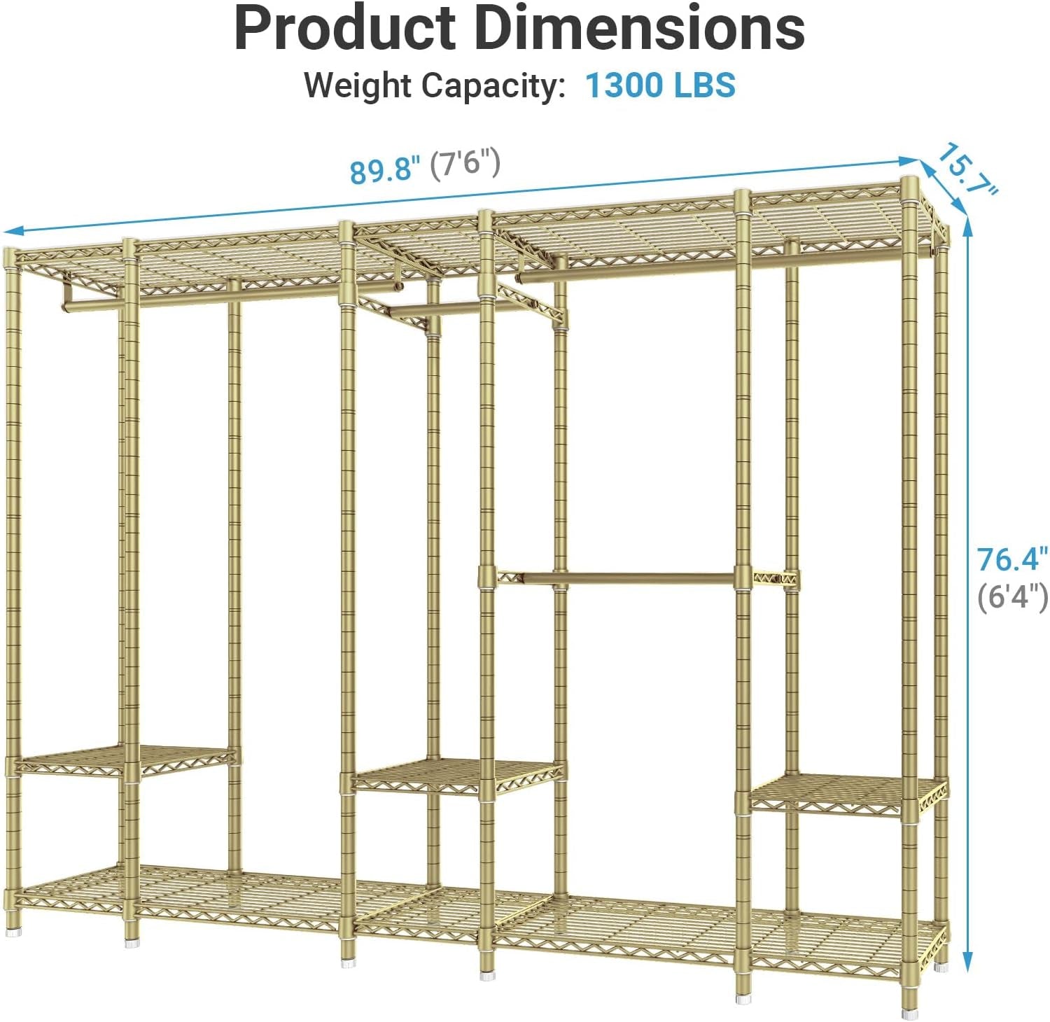 V50 Closet Organizer System, Extra Large Heavy Duty Clothes Rack with Adjustable Shelves, Freestanding Modern Wardrobe for Bedroom, Walk-In Closet, Dressing Room, 1300 Lbs Capacity, Gold