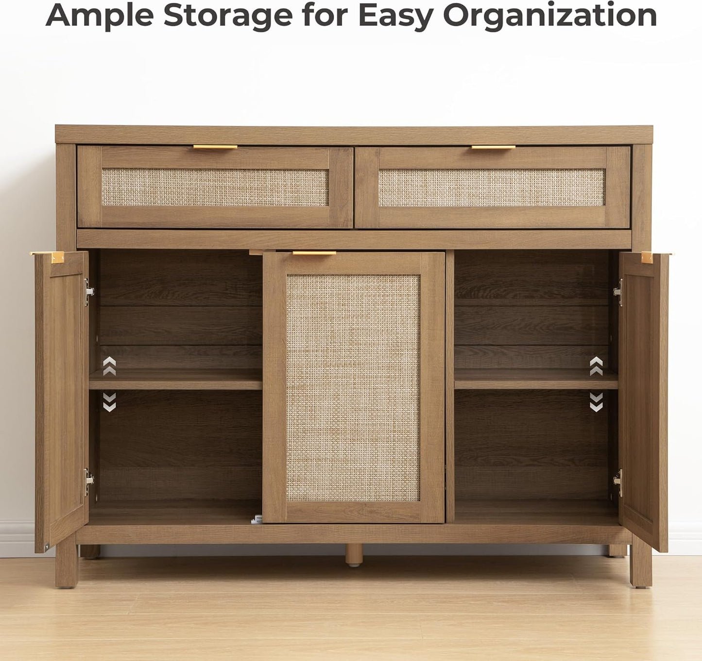 Rattan Sideboard Buffet Cabinet with Storage, Boho Credenza Accent Cabinet with 3 Doors and 2 Drawers, Farmhouse Console Coffee Bar for Kitchen, Living Room, and Entryway, Caramel Oak