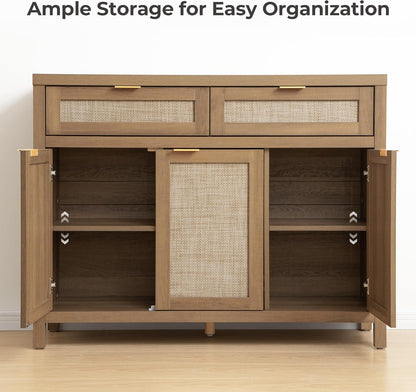 Rattan Sideboard Buffet Cabinet with Storage, Boho Credenza Accent Cabinet with 3 Doors and 2 Drawers, Farmhouse Console Coffee Bar for Kitchen, Living Room, and Entryway, Caramel Oak