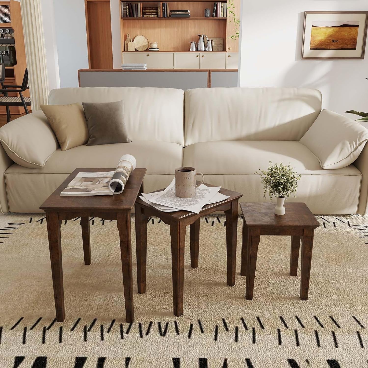 Nesting Tables Set of 3, Small Sofa Side Table Rustic Stacking End Table Rectangle Solid Wood Coffee Tables for Small Space - Walnut