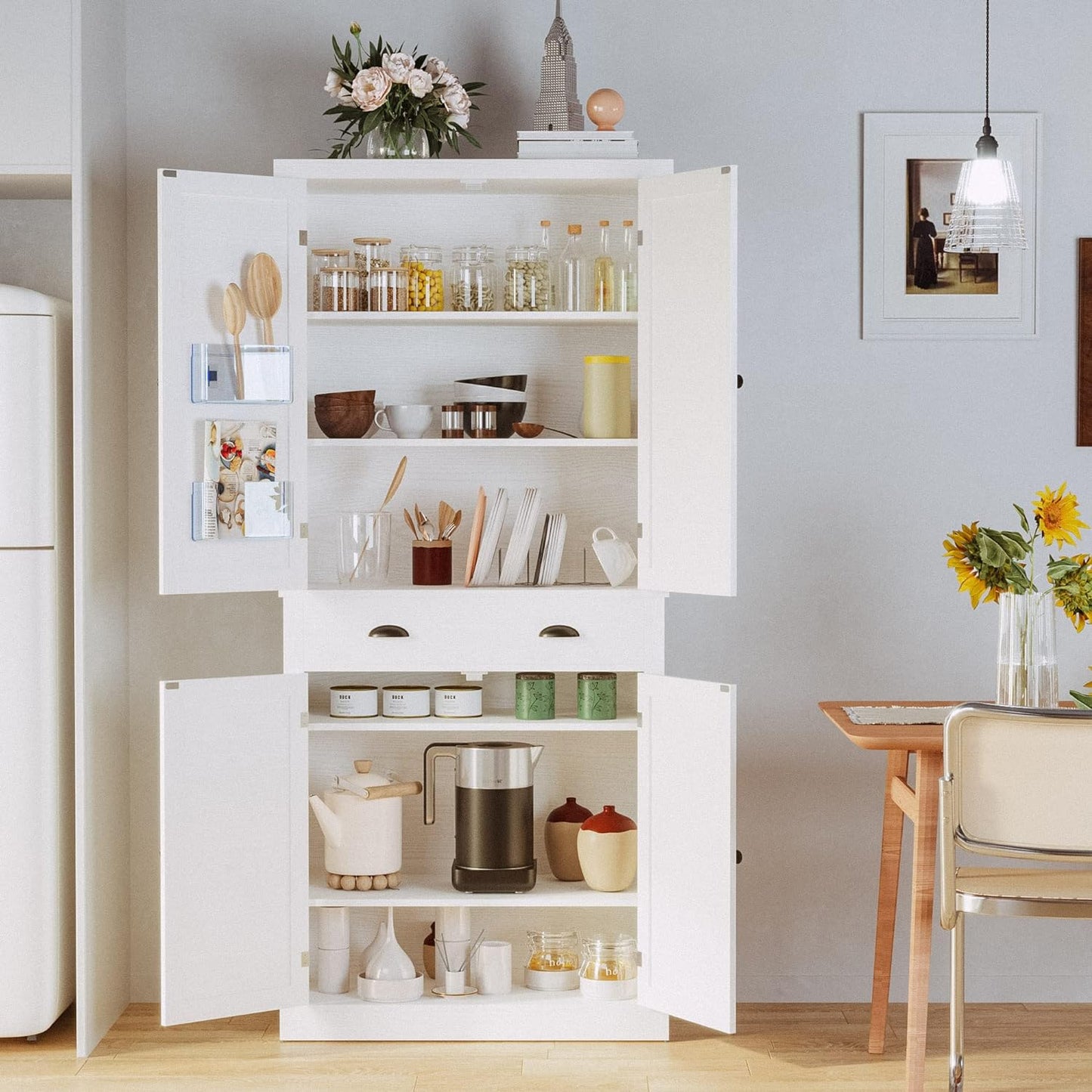 Kitchen Pantry Storage Cabinet 72.6" H, with Barn Doors, Drawer, 4 Adjustable Shelves, Freestanding Cupboard, Laundry, White