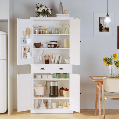Kitchen Pantry Storage Cabinet 72.6" H, with Barn Doors, Drawer, 4 Adjustable Shelves, Freestanding Cupboard, Laundry, White