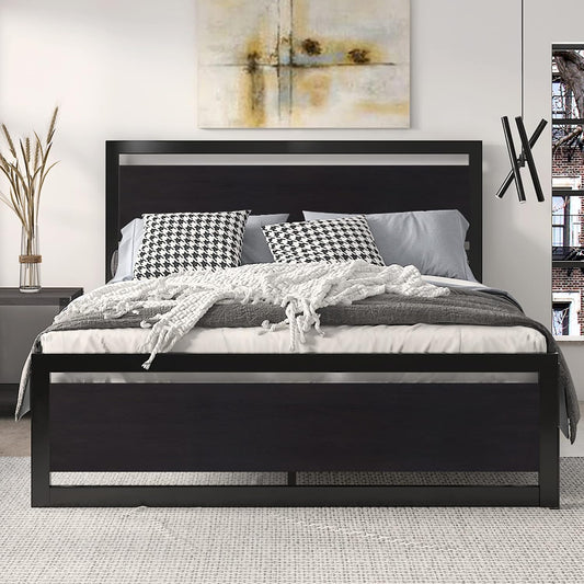 Queen Size Bed Frame with Modern Headboard, Heavy Duty Platform Metal Base with Square Footboard and 13 Strong Slats Support, No Box Spring Needed, Black