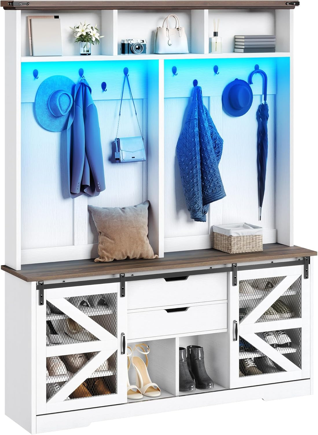 Hall Tree with Bench and Shoe Storage, Hallway Tree with Adjustable RGB LED Light, Sliding Barn Doors and 10 Hooks, Coat Rack for Front Door Entrance Entryway Mudroom Bedroom, White & Walnut